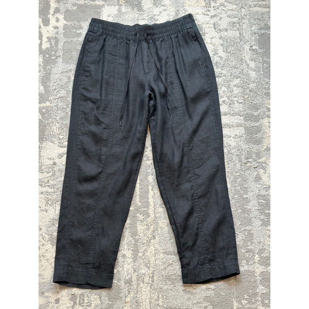 Athleta Cabo Linen Pant Black Straight Leg Drawstring Ankle Trousers M/P 851027